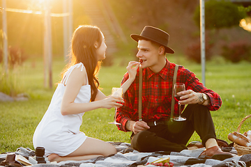 Image showing Caucasian young and happy couple enjoying a picnic in the park on summer day