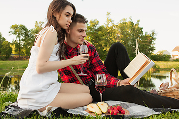 Image showing Caucasian young and happy couple enjoying a picnic in the park on summer day