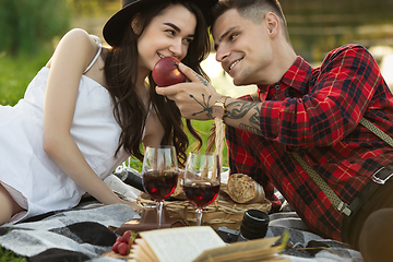 Image showing Caucasian young and happy couple enjoying a picnic in the park on summer day