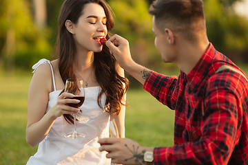 Image showing Caucasian young and happy couple enjoying a picnic in the park on summer day