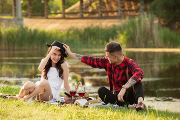 Image showing Caucasian young and happy couple enjoying a picnic in the park on summer day