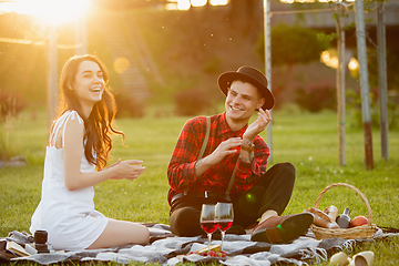 Image showing Caucasian young and happy couple enjoying a picnic in the park on summer day