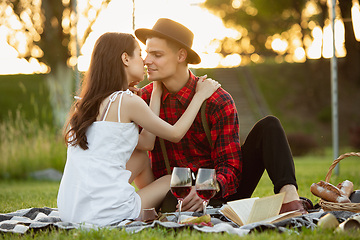 Image showing Caucasian young and happy couple enjoying a picnic in the park on summer day
