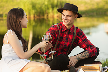 Image showing Caucasian young and happy couple enjoying a picnic in the park on summer day