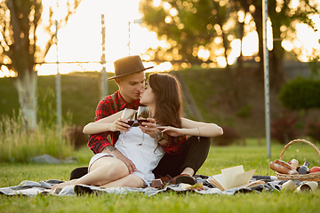 Image showing Caucasian young and happy couple enjoying a picnic in the park on summer day