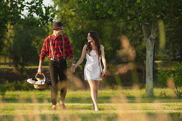 Image showing Caucasian young and happy couple enjoying a picnic in the park on summer day