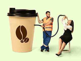 Image showing Gas up yourself, filling up with coffee to wake up. Creative artwork.