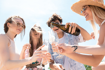 Image showing Seasonal feast at beach resort. Group of friends celebrating, resting, having fun on the beach in sunny summer day