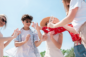 Image showing Seasonal feast at beach resort. Group of friends celebrating, resting, having fun on the beach in sunny summer day