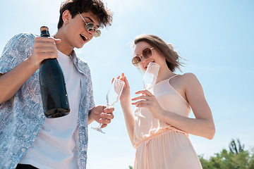 Image showing Seasonal feast at beach resort. Happy couple or friends celebrating, resting, having fun on the beach in sunny summer day