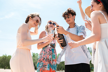 Image showing Seasonal feast at beach resort. Group of friends celebrating, resting, having fun on the beach in sunny summer day