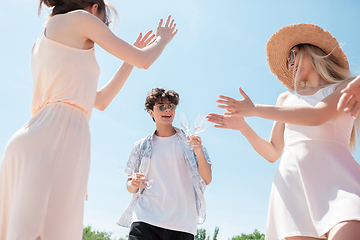 Image showing Seasonal feast at beach resort. Group of friends celebrating, resting, having fun on the beach in sunny summer day