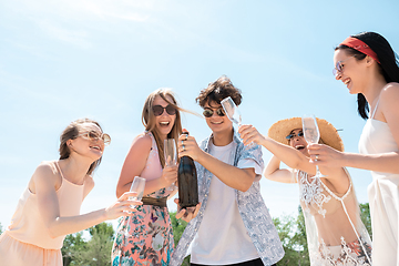 Image showing Seasonal feast at beach resort. Group of friends celebrating, resting, having fun on the beach in sunny summer day