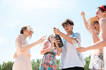 Image showing Seasonal feast at beach resort. Group of friends celebrating, resting, having fun on the beach in sunny summer day