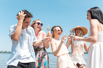 Image showing Seasonal feast at beach resort. Group of friends celebrating, resting, having fun on the beach in sunny summer day