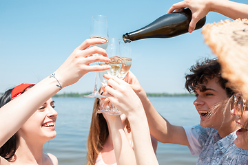 Image showing Seasonal feast at beach resort. Group of friends celebrating, resting, having fun on the beach in sunny summer day