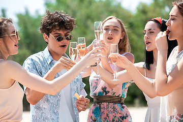 Image showing Seasonal feast at beach resort. Group of friends celebrating, resting, having fun on the beach in sunny summer day