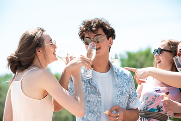 Image showing Seasonal feast at beach resort. Group of friends celebrating, resting, having fun on the beach in sunny summer day