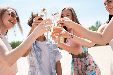 Image showing Seasonal feast at beach resort. Group of friends celebrating, resting, having fun on the beach in sunny summer day