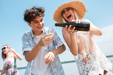 Image showing Seasonal feast at beach resort. Group of friends celebrating, resting, having fun on the beach in sunny summer day