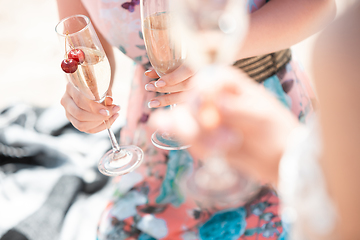 Image showing Seasonal feast at beach resort. Group of friends celebrating, resting, having fun on the beach in sunny summer day