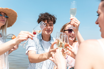 Image showing Seasonal feast at beach resort. Group of friends celebrating, resting, having fun on the beach in sunny summer day