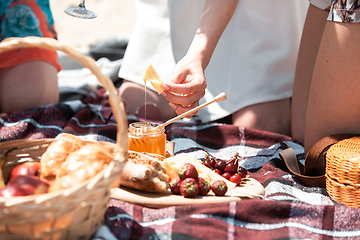 Image showing Picnic bread, croissant basket with fruit on cloth with bright sunlight