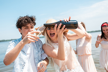 Image showing Seasonal feast at beach resort. Group of friends celebrating, resting, having fun on the beach in sunny summer day