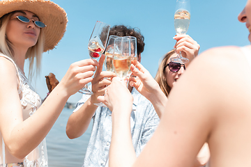 Image showing Seasonal feast at beach resort. Group of friends celebrating, resting, having fun on the beach in sunny summer day