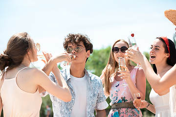 Image showing Seasonal feast at beach resort. Group of friends celebrating, resting, having fun on the beach in sunny summer day