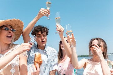 Image showing Seasonal feast at beach resort. Group of friends celebrating, resting, having fun on the beach in sunny summer day