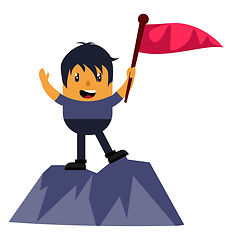 Image showing Man on mountain with flag, illustration, vector on white backgro