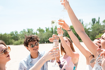 Image showing Seasonal feast at beach resort. Group of friends celebrating, resting, having fun on the beach in sunny summer day