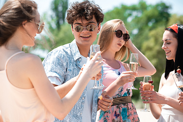 Image showing Seasonal feast at beach resort. Group of friends celebrating, resting, having fun on the beach in sunny summer day