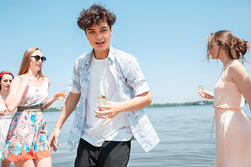 Image showing Seasonal feast at beach resort. Group of friends celebrating, resting, having fun on the beach in sunny summer day