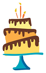 Image showing A beautiful three-layered birthday cake dripped in chocolate mou