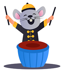 Image showing Cartoon chinese mouse playing drums vector illustration on white