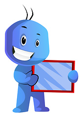 Image showing Blue cartoon caracter holding a tablet illustration vector on wh