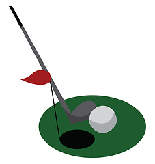 Image showing Clipart of golf field with flat hole ball and playing stick vect