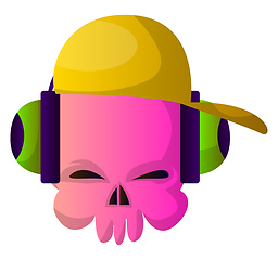 Image showing Little pink cartoon skul with hat and headphones vector illustar