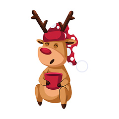 Image showing Christmas deer with red hat and mug with tea vector illustration