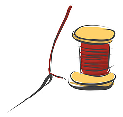 Image showing A wooden coil of strong thread with a needle for sewing garments