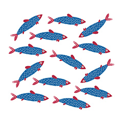 Image showing Minimalistic drawing of a regular pattern of blue fish vector or