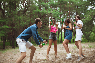 Image showing Group of friends walking down together during picnic in summer forest. Lifestyle, friendship