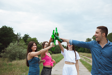 Image showing Group of friends clinking beer bottles during picnic in summer forest. Lifestyle, friendship