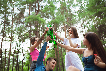 Image showing Group of friends clinking beer bottles during picnic in summer forest. Lifestyle, friendship