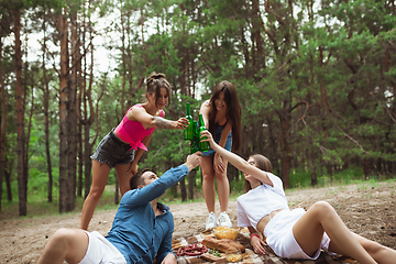 Image showing Group of friends clinking beer bottles during picnic in summer forest. Lifestyle, friendship