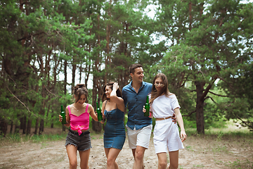 Image showing Group of friends walking down together during picnic in summer forest. Lifestyle, friendship