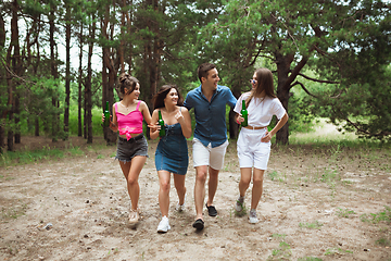 Image showing Group of friends walking down together during picnic in summer forest. Lifestyle, friendship