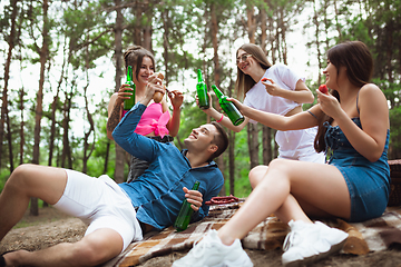 Image showing Group of friends clinking beer bottles during picnic in summer forest. Lifestyle, friendship